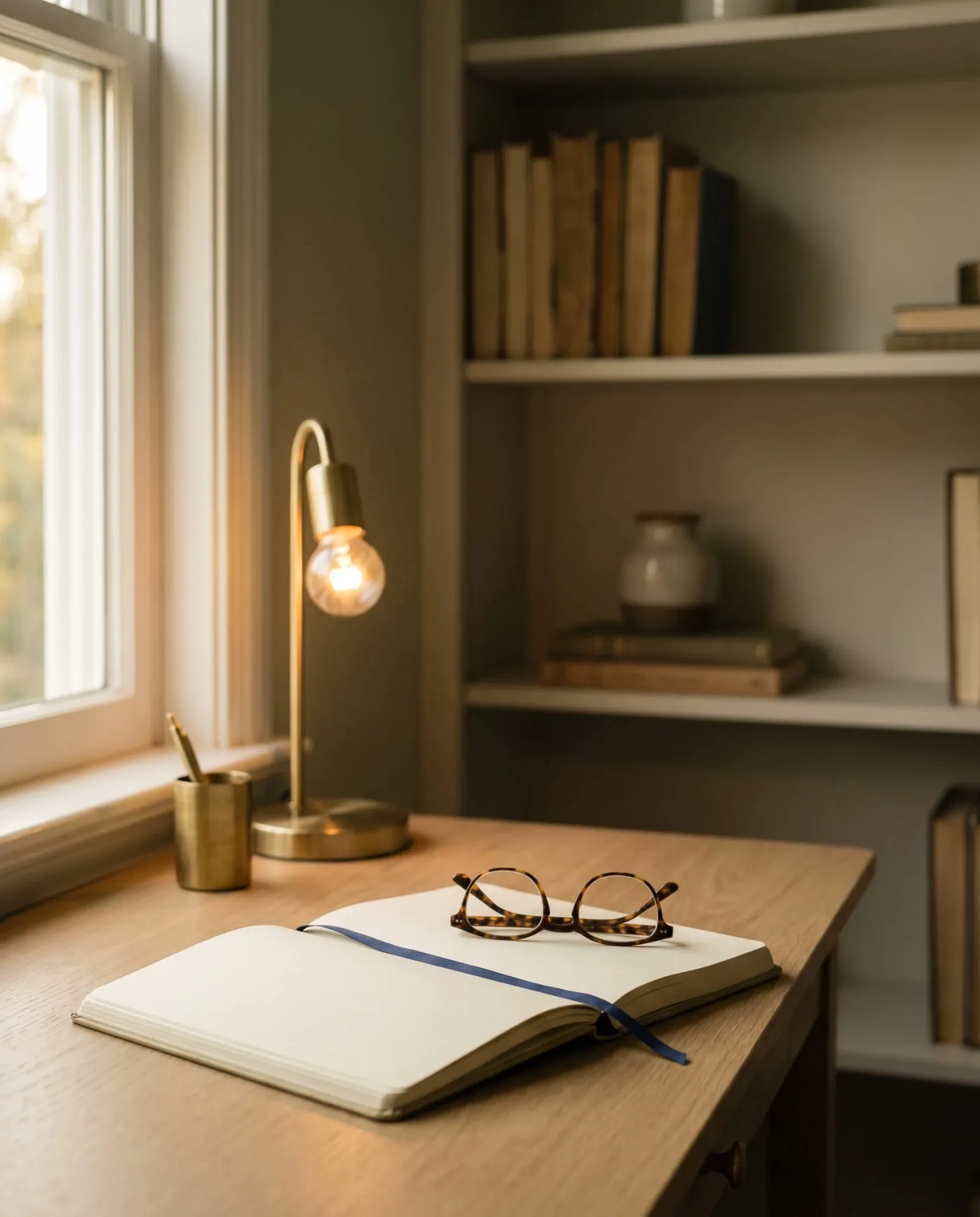 Defter, gözlük, çay ve zeytin dalı; lacivert keten örtü üzerinde